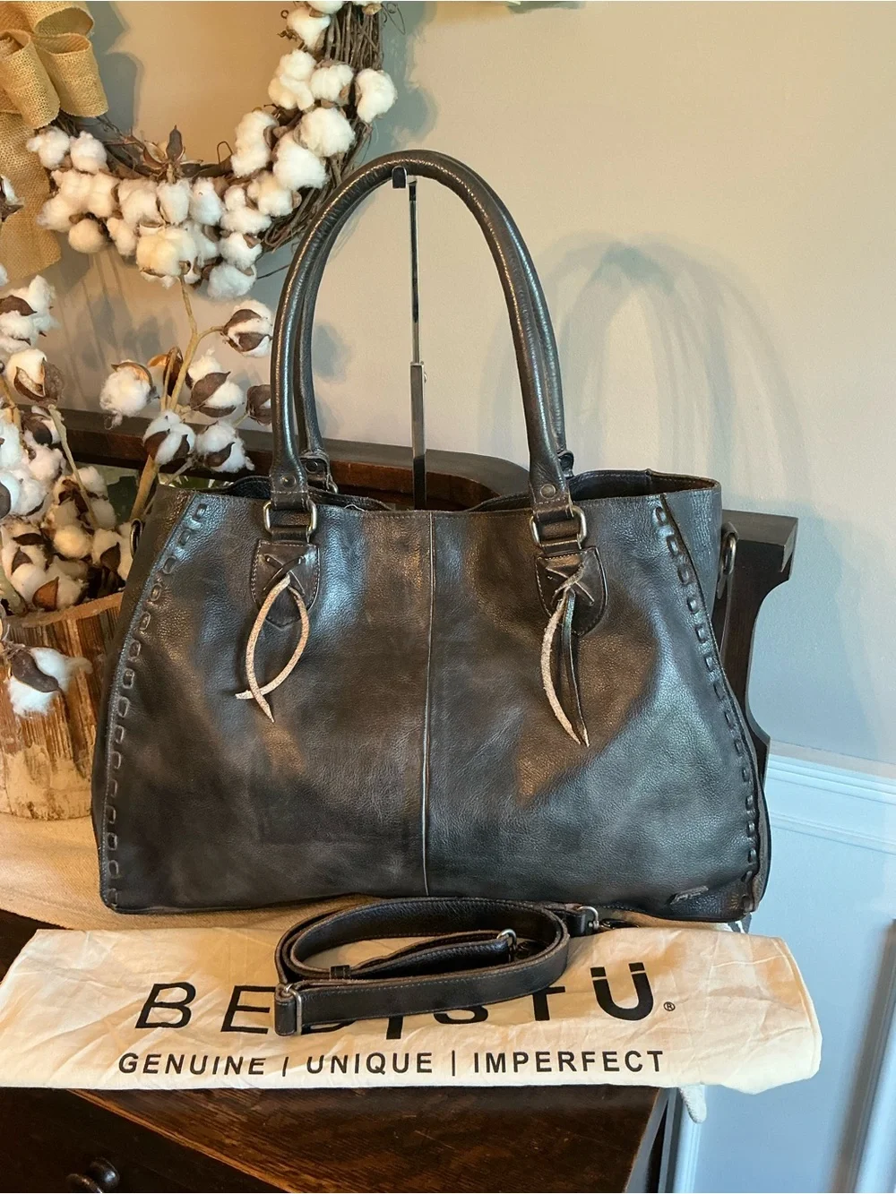 NWOT Bed Stu Leather Rockaway Shoulder Bag Crossbody Tote Black Rustic MSRP $345